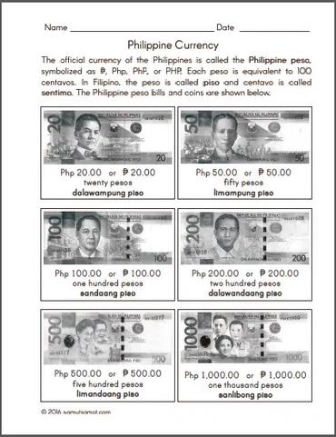 Philippine Money Chart and Worksheets - Samut-samot
